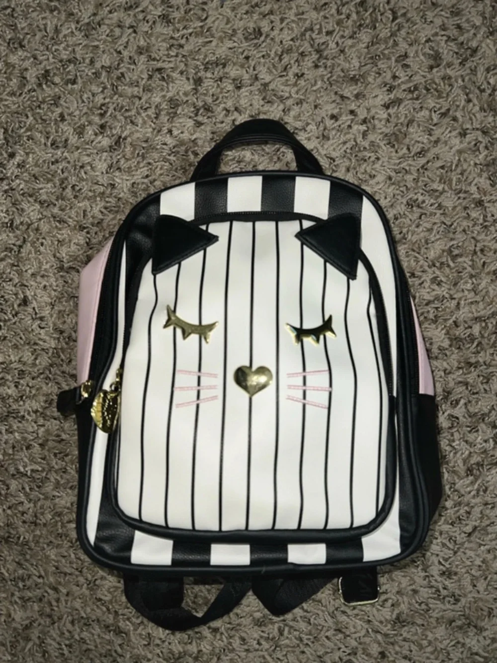 Luv Betsey Johnson Striped Cat Mini Backpack Kitty Face Pink Black Whiskers